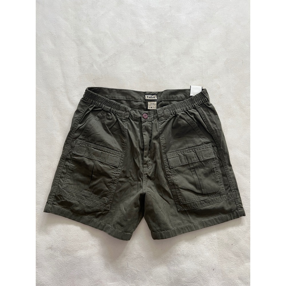 Talos Mens Olive Green Cargo Shorts Size 40 Cotton Elastic Waist Utility Pockets